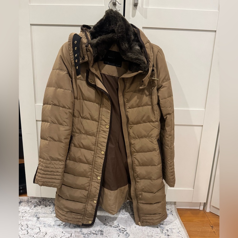 Zara Brown Puffer Jacket with Faux Fur Lining